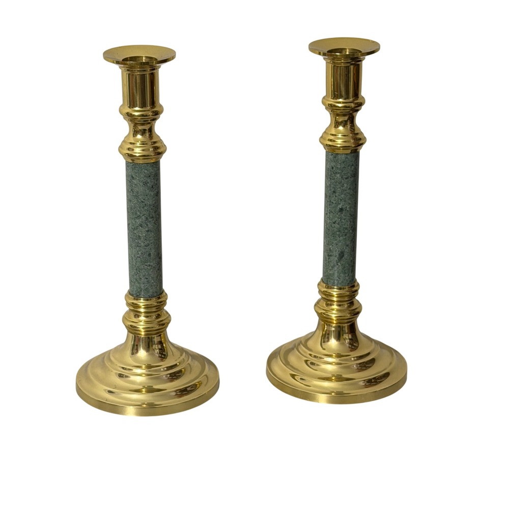 Vintage Candlestick Holders Home  Green Brass Marble Taper Pillars Set of 2